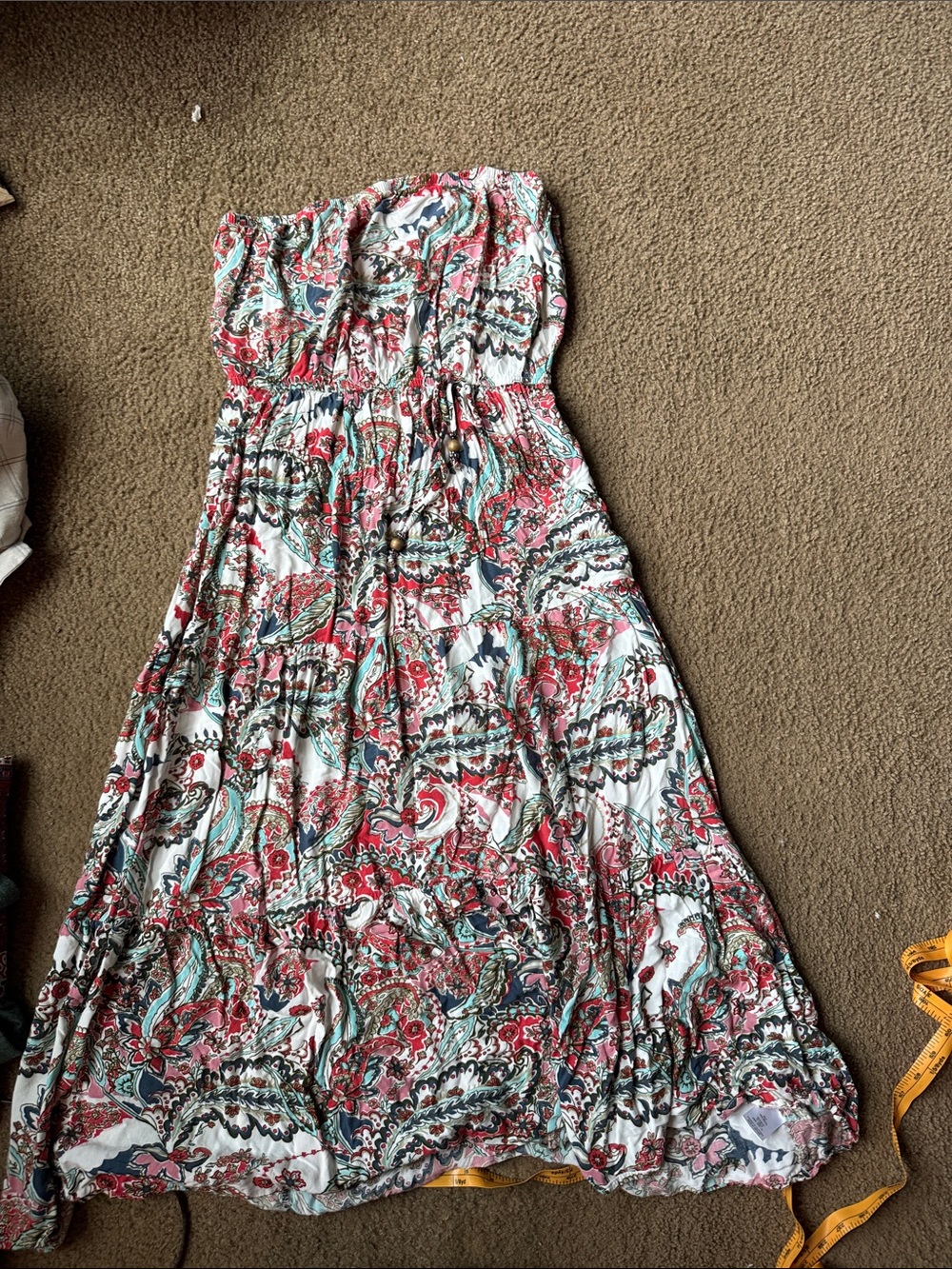 BeBop Strapless Paisley Maxi Dress in Coral, Teal & White
